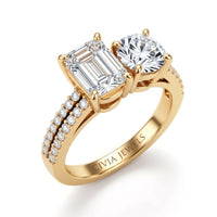 Yellow Gold Emerald & Round Diamond Modern Two Stone Ring With Side Diamonds