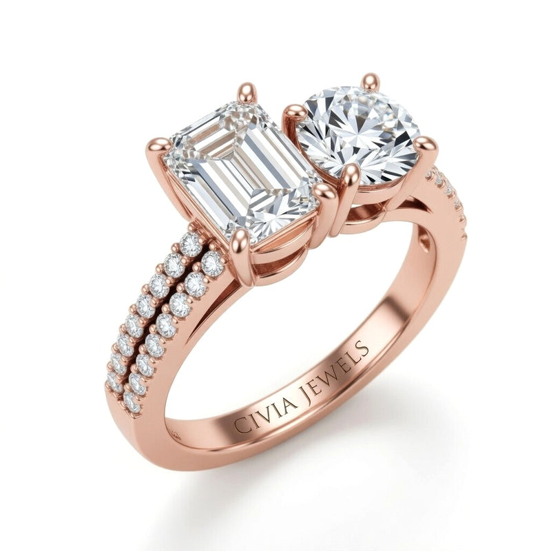 Rose Gold Emerald & Round Diamond Modern Two Stone Ring With Side Diamonds
