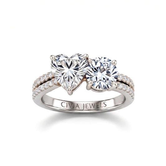 Silver Heart & Round Diamond Modern Two Stone Ring With Side Diamonds