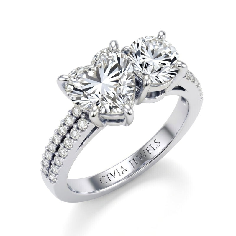 Silver Heart & Round Diamond Modern Two Stone Ring With Side Diamonds