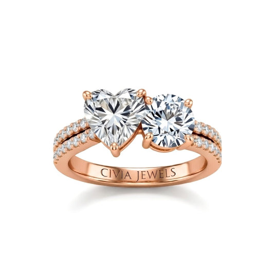 Rose Gold Heart & Round Diamond Modern Two Stone Ring With Side Diamonds