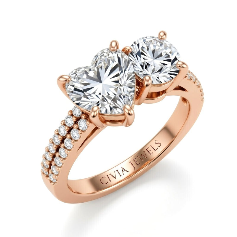 Rose Gold Heart & Round Diamond Modern Two Stone Ring With Side Diamonds