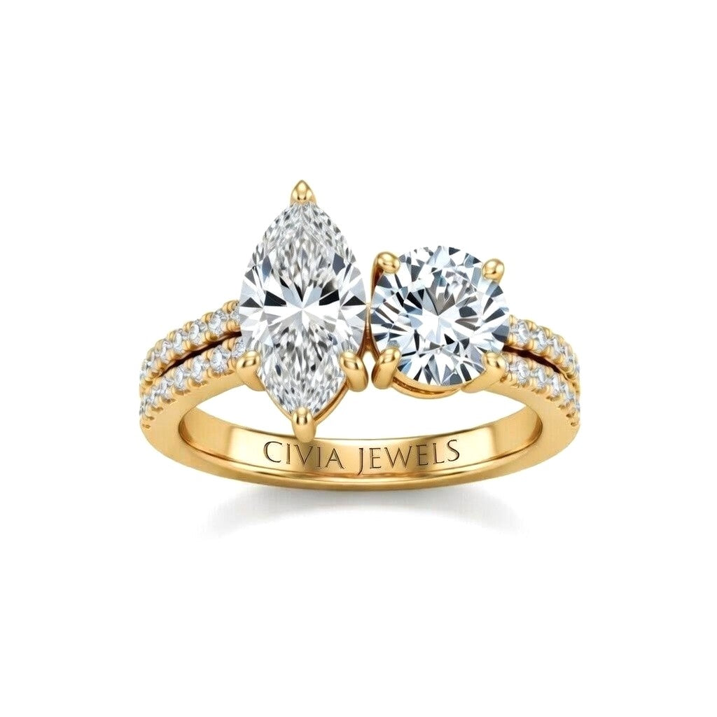 Yellow Gold Marquise & Round Diamond Modern Two Stone Ring With Side Diamonds