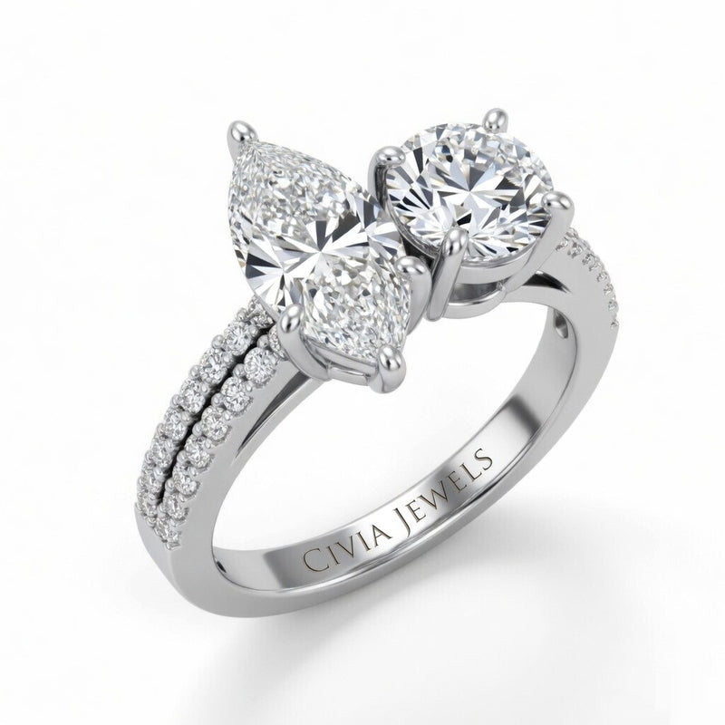 Silver Marquise & Round Diamond Modern Two Stone Ring With Side Diamonds