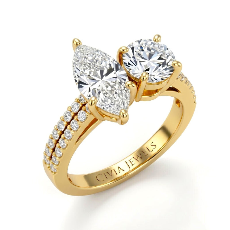 Yellow Gold Marquise & Round Diamond Modern Two Stone Ring With Side Diamonds