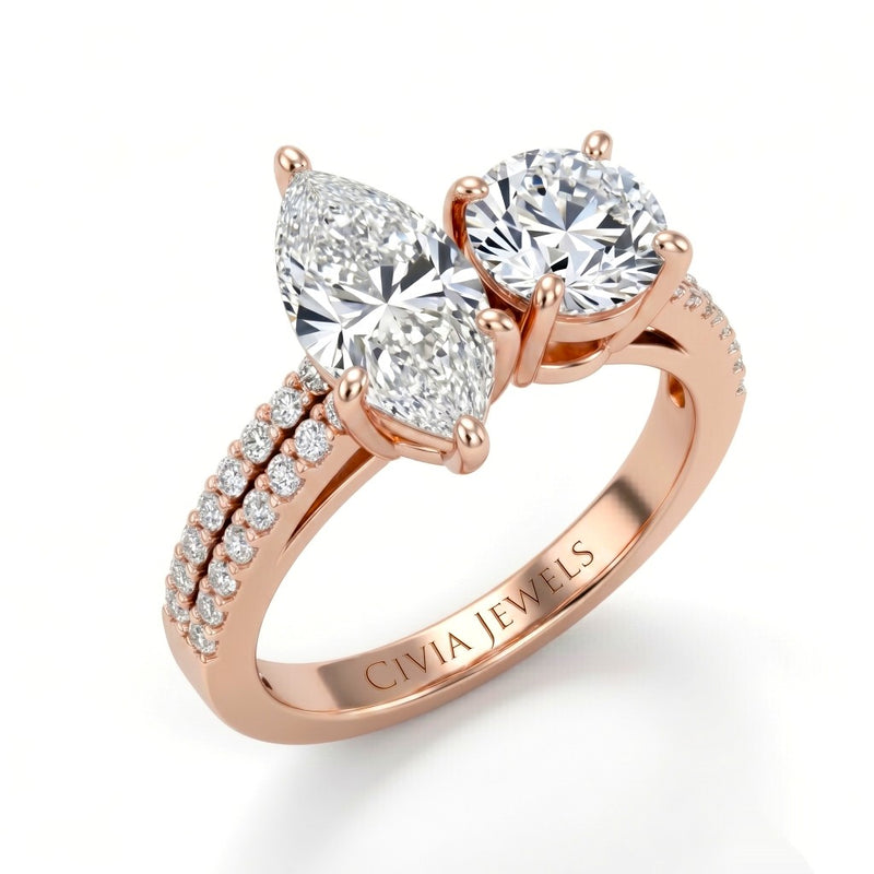 Rose Gold Marquise & Round Diamond Modern Two Stone Ring With Side Diamonds