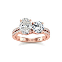 Rose Gold Oval & Round Diamond Modern Two Stone Ring With Side Diamonds