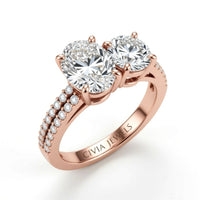 Rose Gold Oval & Round Diamond Modern Two Stone Ring With Side Diamonds