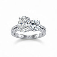 White Gold Oval & Round Diamond Modern Two Stone Ring With Side Diamonds