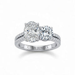 White Gold Oval & Round Diamond Modern Two Stone Ring With Side Diamonds