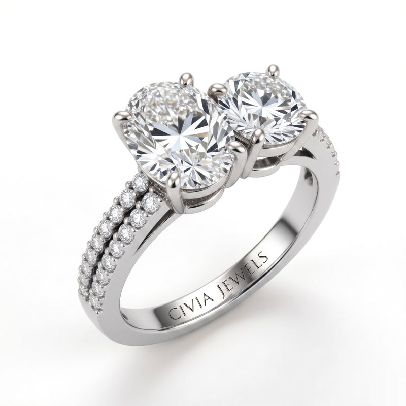 White Gold Oval & Round Diamond Modern Two Stone Ring With Side Diamonds