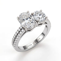 White Gold Oval & Round Diamond Modern Two Stone Ring With Side Diamonds