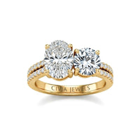 Yellow Gold Oval & Round Diamond Modern Two Stone Ring With Side Diamonds