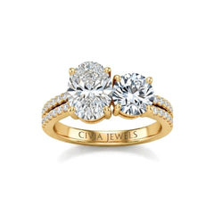 Yellow Gold Oval & Round Diamond Modern Two Stone Ring With Side Diamonds