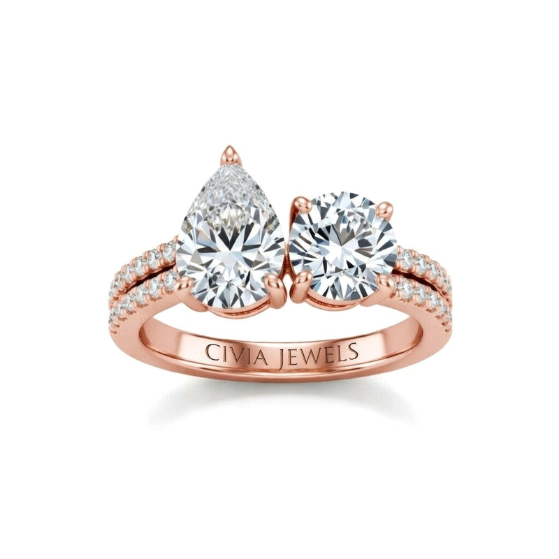 Rose Gold Pear & Round Diamond Modern Two Stone Ring With Side Diamonds