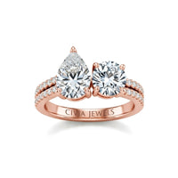 Rose Gold Pear & Round Diamond Modern Two Stone Ring With Side Diamonds