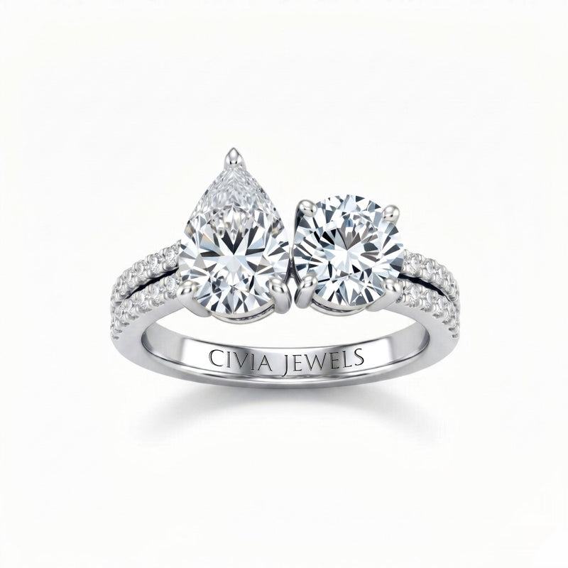 White Gold Pear & Round Diamond Modern Two Stone Ring With Side Diamonds