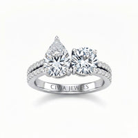 Silver Pear & Round Diamond Modern Two Stone Ring With Side Diamonds