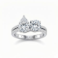 Silver Pear & Round Diamond Modern Two Stone Ring With Side Diamonds