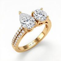 Yellow Gold Pear & Round Diamond Modern Two Stone Ring With Side Diamonds
