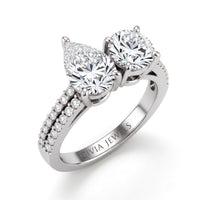 White Gold Pear & Round Diamond Modern Two Stone Ring With Side Diamonds