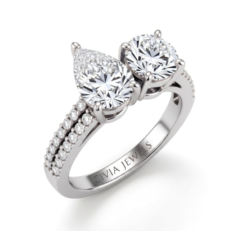 Silver Pear & Round Diamond Modern Two Stone Ring With Side Diamonds