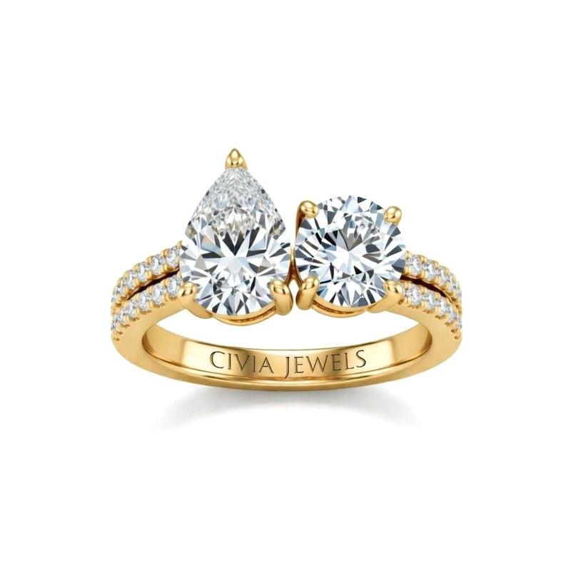 Yellow Gold Pear & Round Diamond Modern Two Stone Ring With Side Diamonds