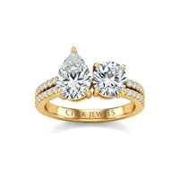 Yellow Gold Pear & Round Diamond Modern Two Stone Ring With Side Diamonds