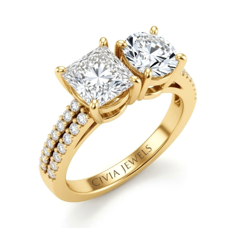Yellow Gold Princess & Round Diamond Modern Two Stone Ring With Side Diamonds