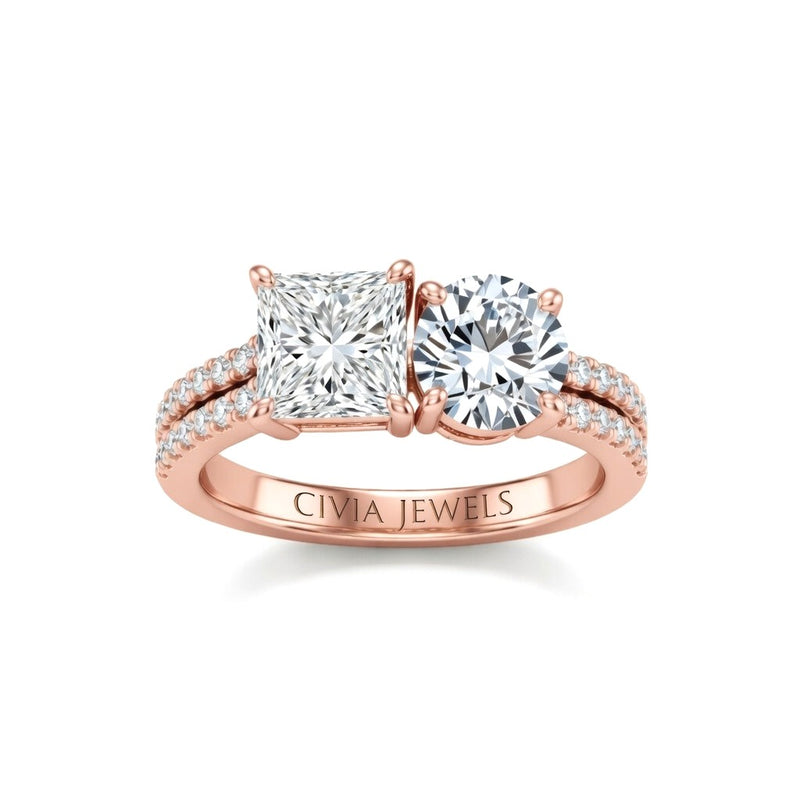 Rose Gold Princess & Round Diamond Modern Two Stone Ring With Side Diamonds