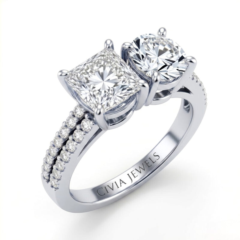 Silver Princess & Round Diamond Modern Two Stone Ring With Side Diamonds
