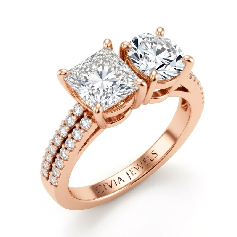 Rose Gold Princess & Round Diamond Modern Two Stone Ring With Side Diamonds