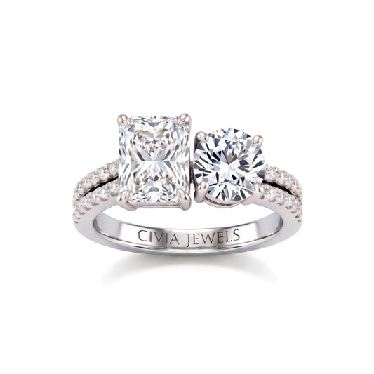 Silver Radiant & Round Diamond Modern Two Stone Ring With Side Diamonds