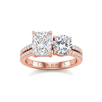 Rose Gold Radiant & Round Diamond Modern Two Stone Ring With Side Diamonds