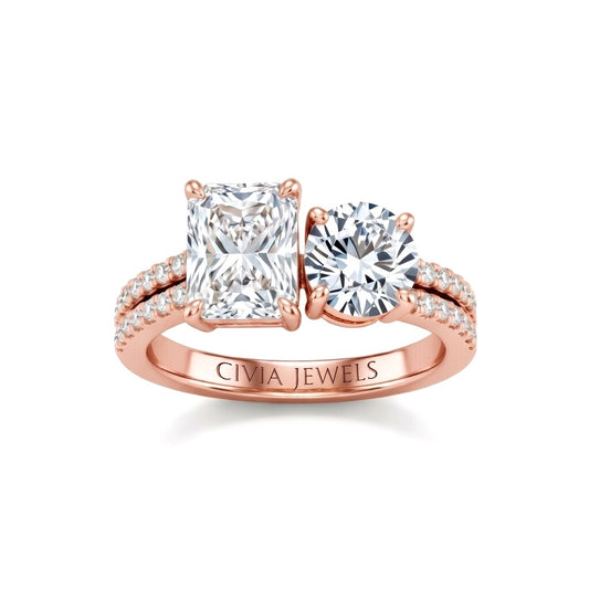 Rose Gold Radiant & Round Diamond Modern Two Stone Ring With Side Diamonds