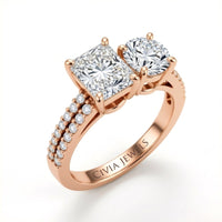 Rose Gold Radiant & Round Diamond Modern Two Stone Ring With Side Diamonds