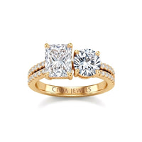 Yellow Gold Radiant & Round Diamond Modern Two Stone Ring With Side Diamonds
