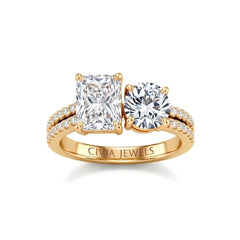 Yellow Gold Radiant & Round Diamond Modern Two Stone Ring With Side Diamonds
