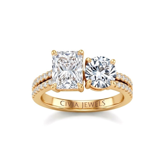 Yellow Gold Radiant & Round Diamond Modern Two Stone Ring With Side Diamonds
