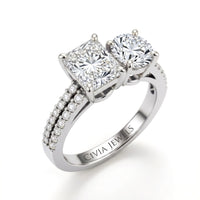 White Gold Radiant & Round Diamond Modern Two Stone Ring With Side Diamonds