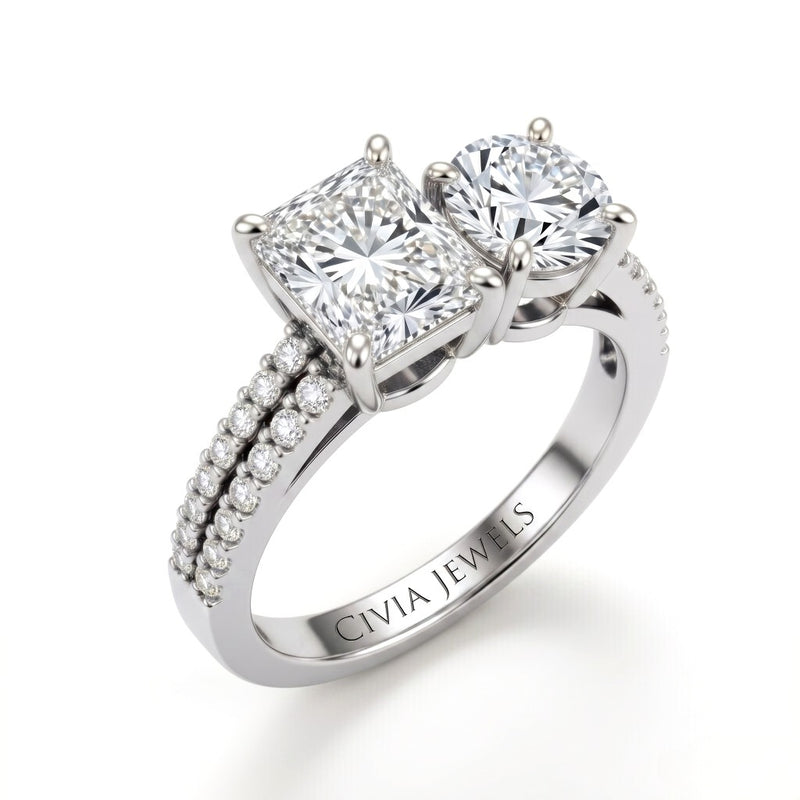Silver Radiant & Round Diamond Modern Two Stone Ring With Side Diamonds