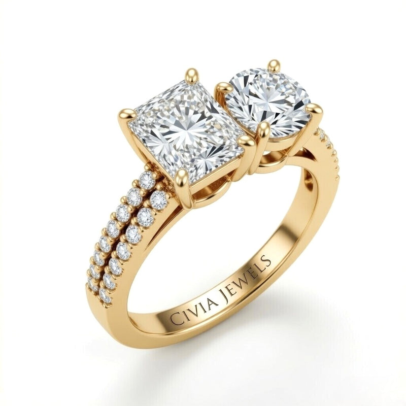 Yellow Gold Radiant & Round Diamond Modern Two Stone Ring With Side Diamonds