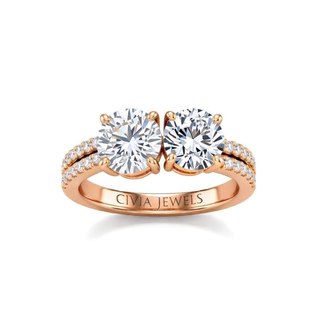 Rose Gold Round & Round Diamond Modern Two Stone Ring With Side Diamonds