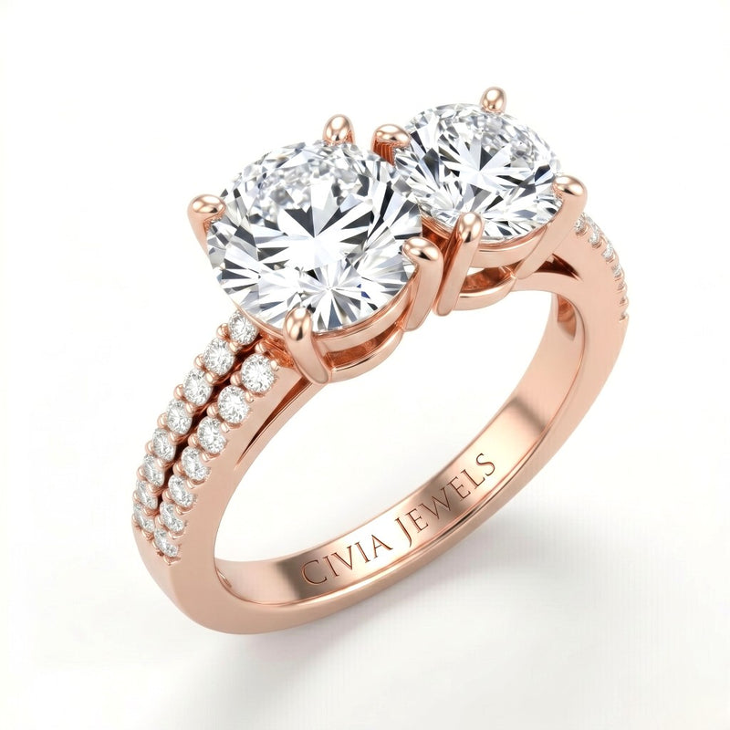 Rose Gold Round & Round Diamond Modern Two Stone Ring With Side Diamonds