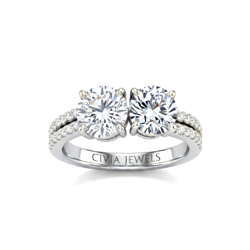 Silver Round & Round Diamond Modern Two Stone Ring With Side Diamonds