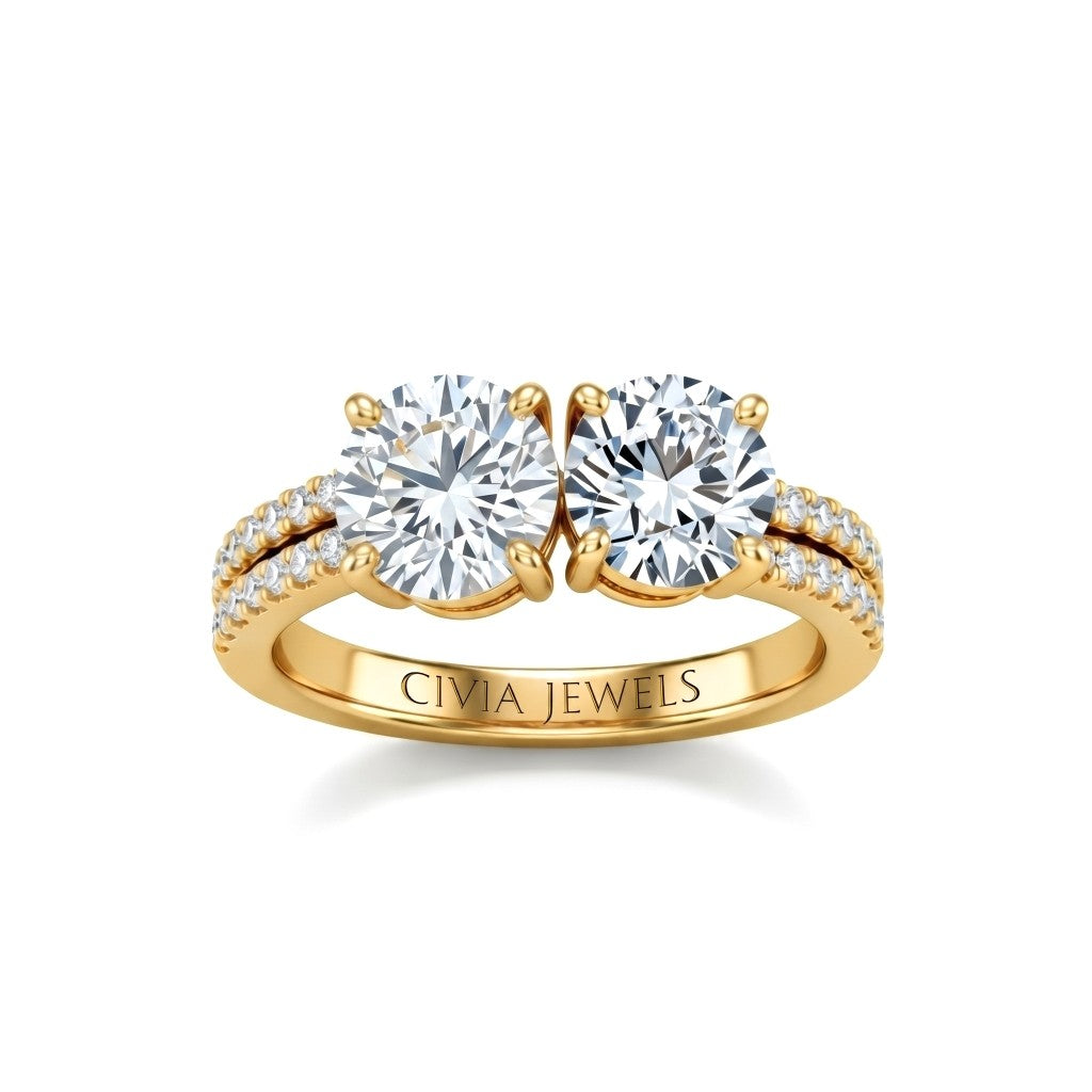 Yellow Gold Round & Round Diamond Modern Two Stone Ring With Side Diamonds