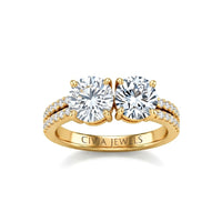 Yellow Gold Round & Round Diamond Modern Two Stone Ring With Side Diamonds