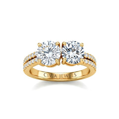 Yellow Gold Round & Round Diamond Modern Two Stone Ring With Side Diamonds