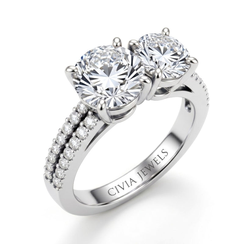 White Gold Round & Round Diamond Modern Two Stone Ring With Side Diamonds