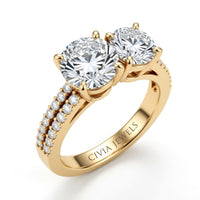 Yellow Gold Round & Round Diamond Modern Two Stone Ring With Side Diamonds
